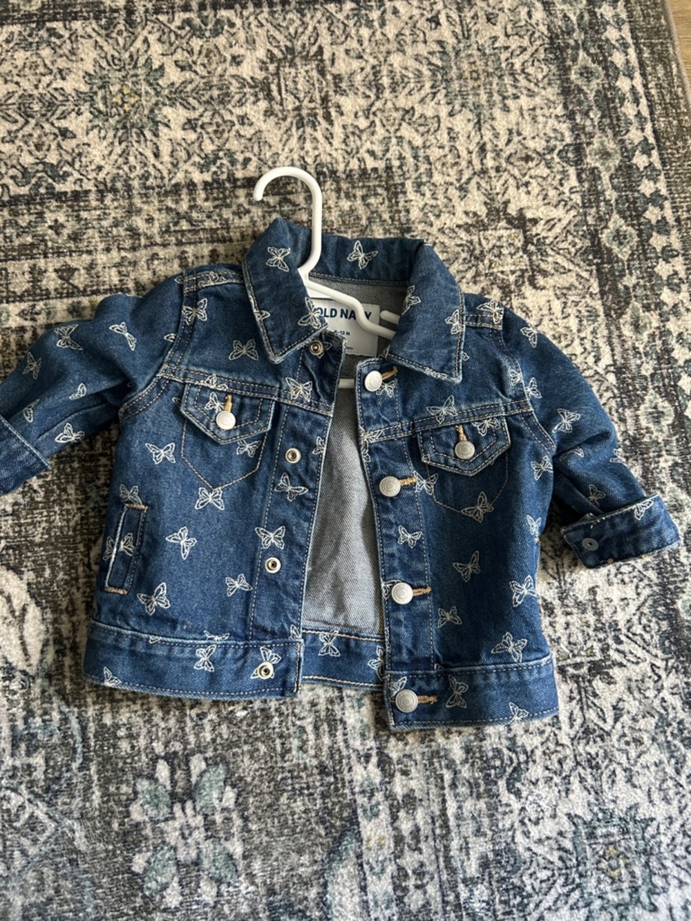 Old Navy Dark Blue Denim Jacket with White Butterfly Embroidery